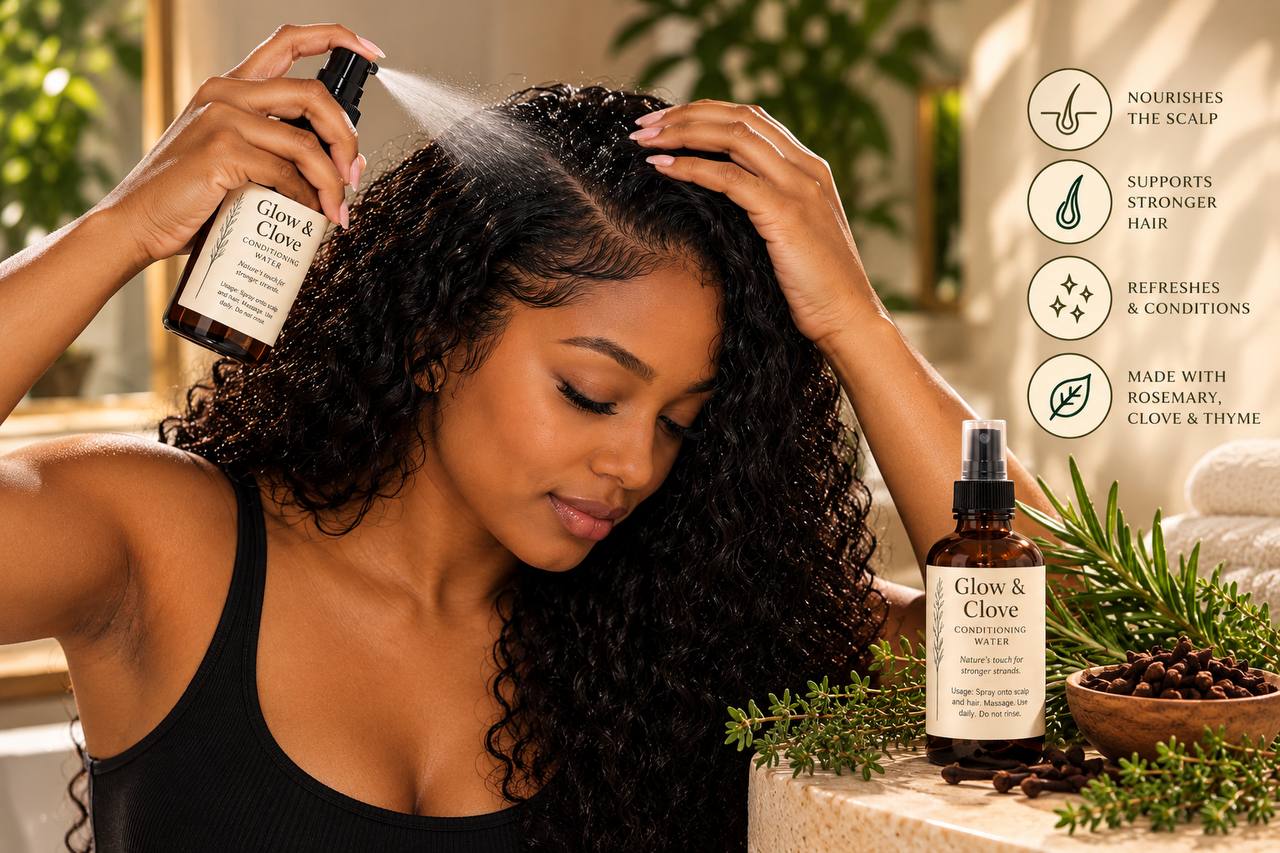 Woman spraying Glow & Clove Conditioning Water onto her scalp