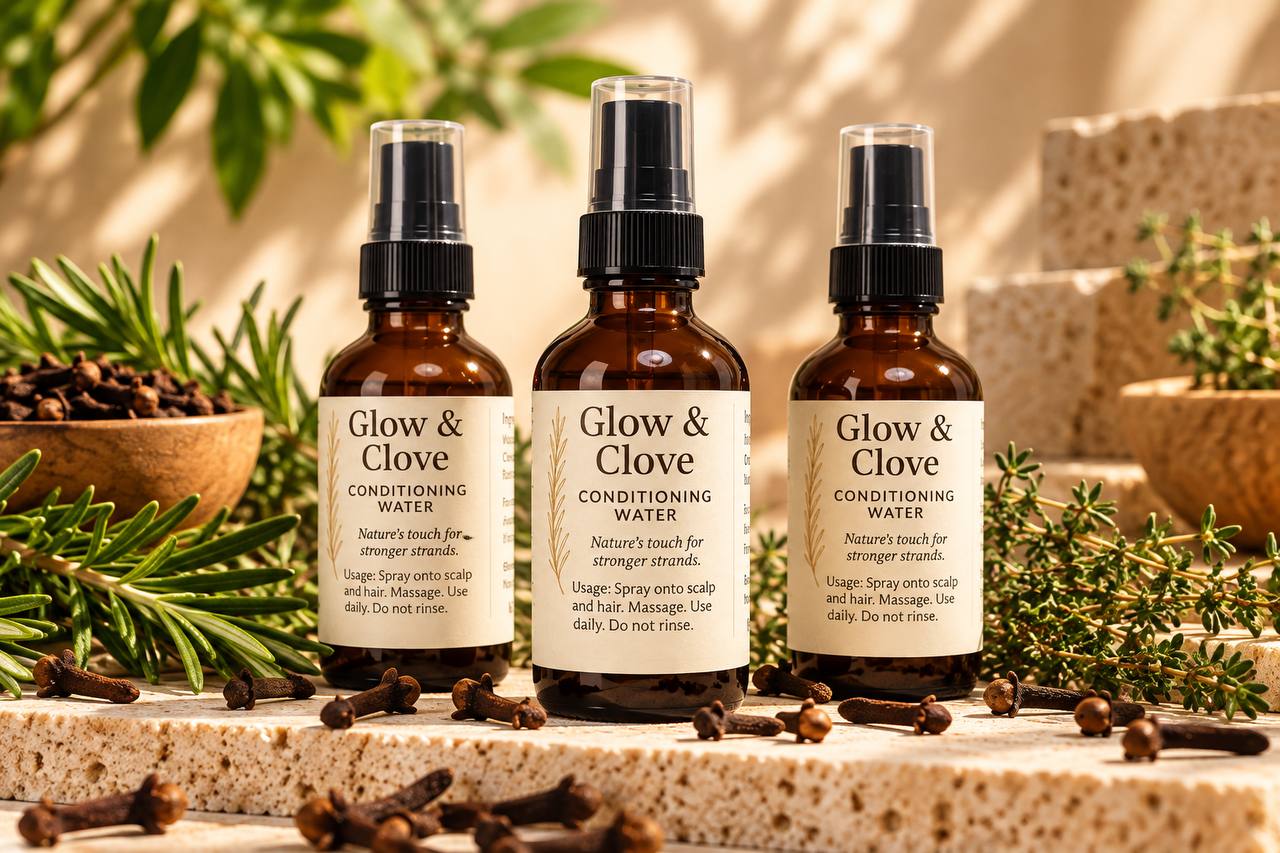 Three Glow & Clove Conditioning Water bottles styled with rosemary, thyme, and clove